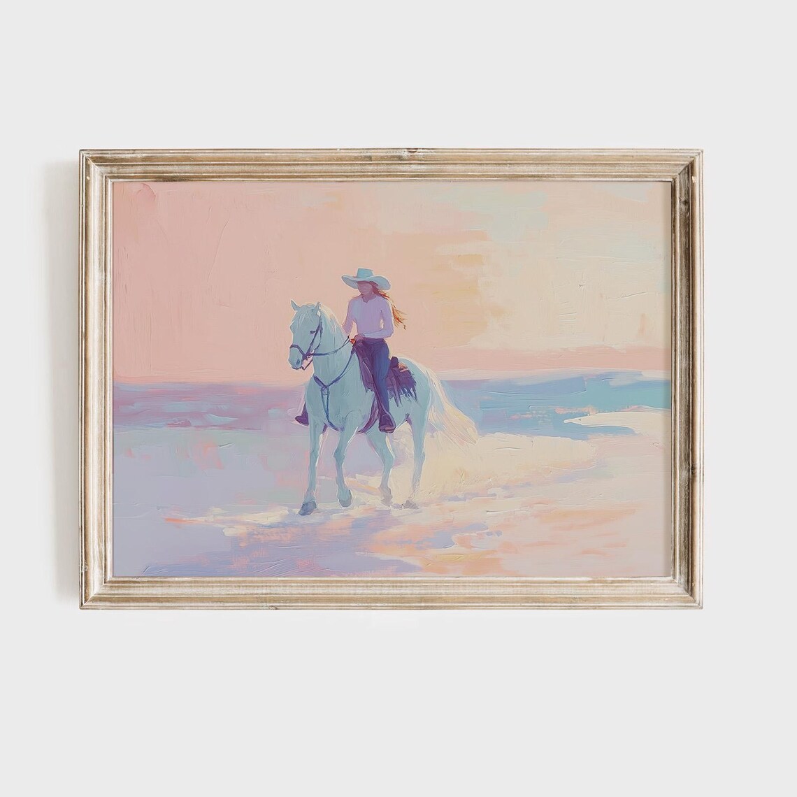 Cowgirl Riding White Horse Pastel Sunset Western Painting Poster