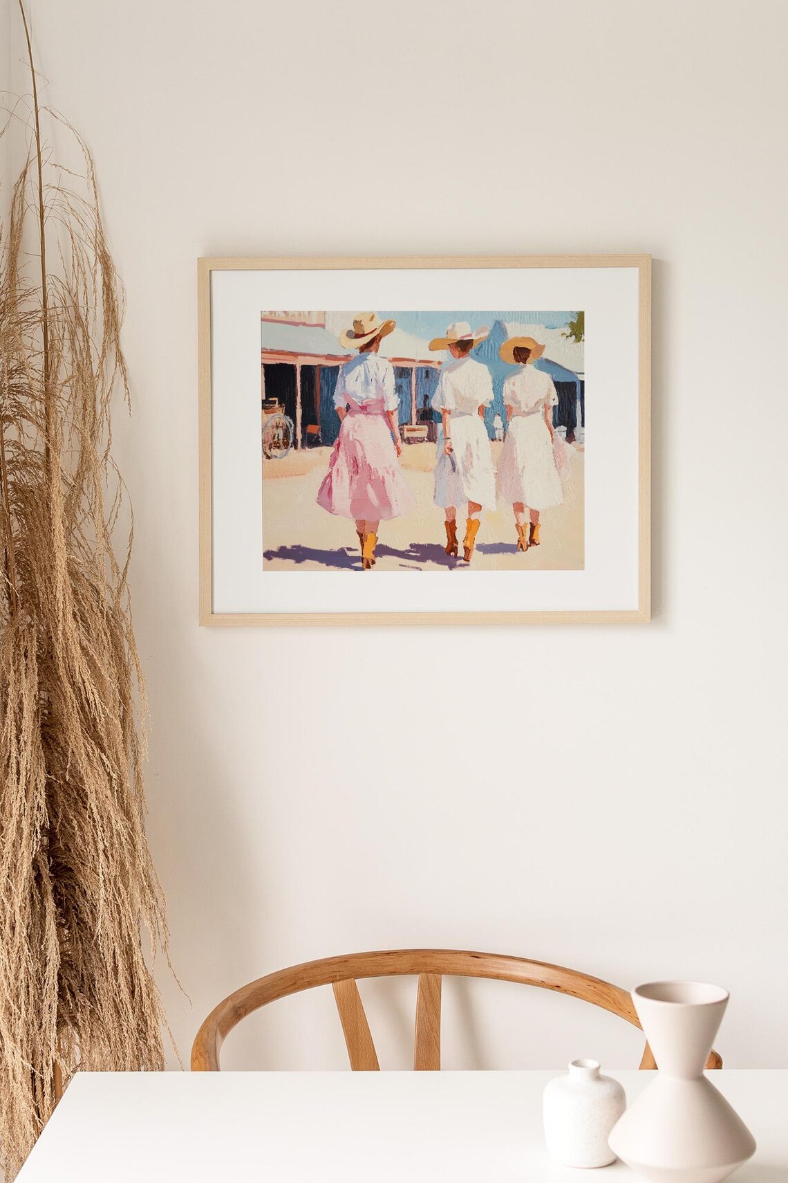 Three Cowgirls Walking Down Western Town Street Oil Painting Poster - Image 3