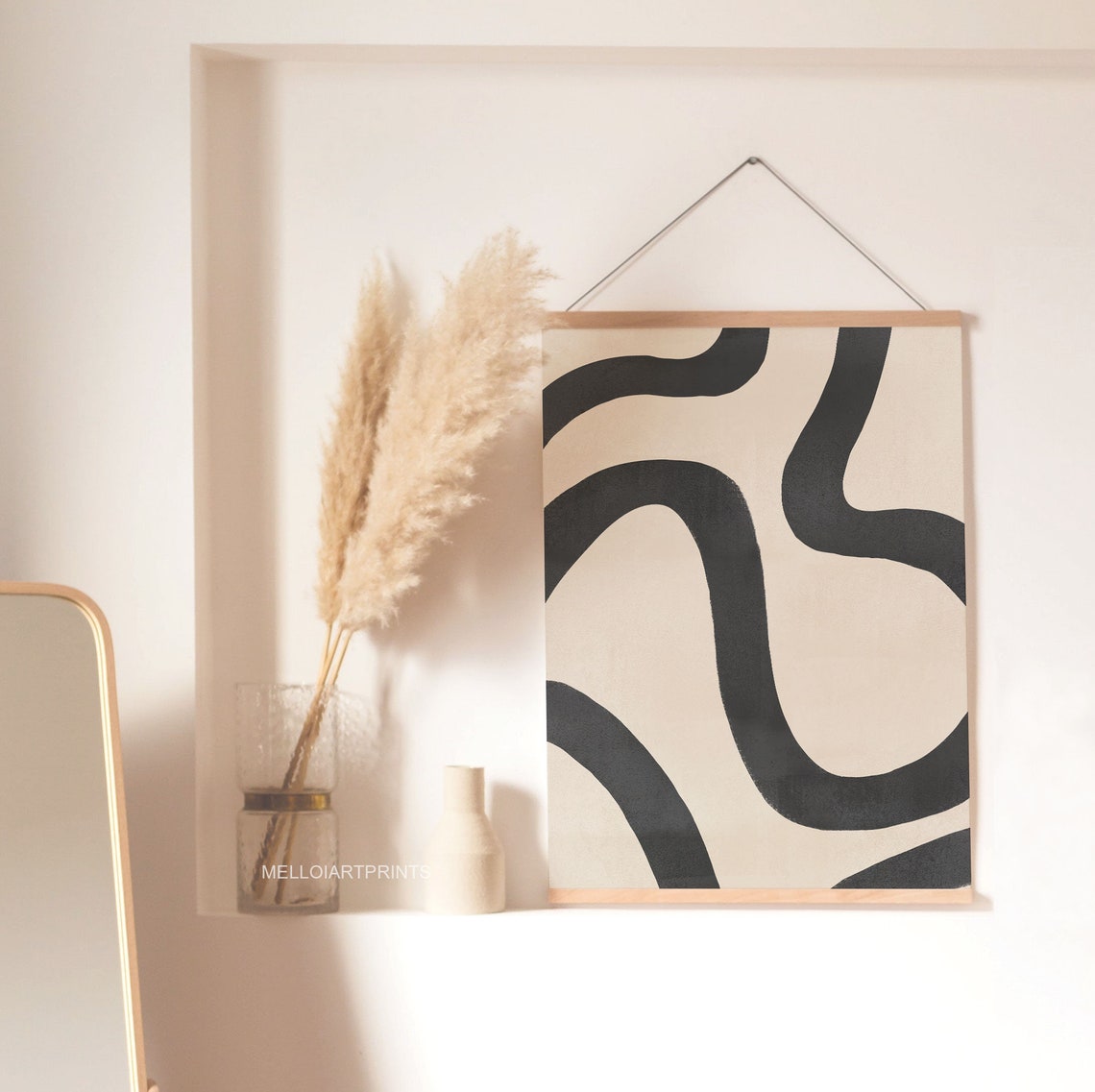 Black Wave Abstract Art Beige Bold Brush Curves Modern Wall Poster - Image 2