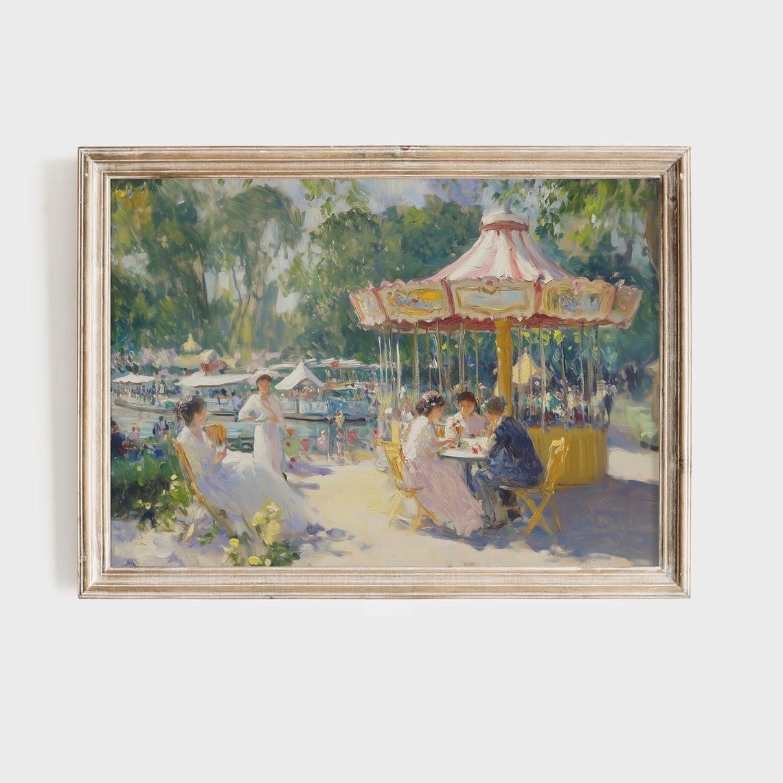 Summer Carousel Scene With Friends at a Tea Table Park Amusement Print