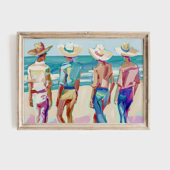 Cowboys Walking Beach Colorful Surf Western Oil Painting Poster