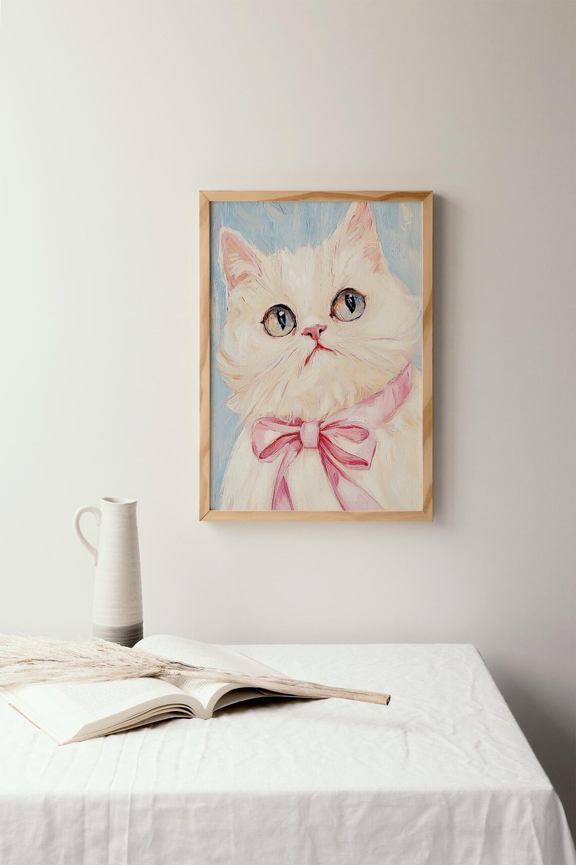 White Cat With Pink Bow Playful Feline Nursery Painting Poster - Image 2