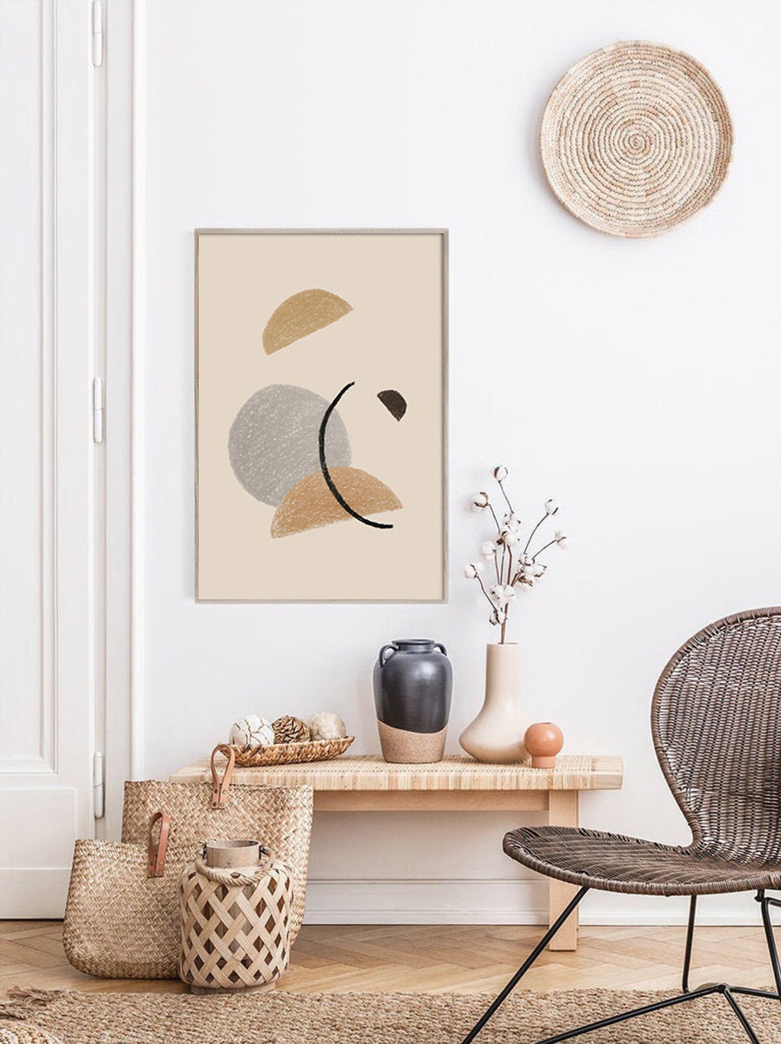 Retro Chic Mid Century Circle Moon Curve Abstract Beige Wall Art - Image 3