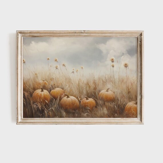 Pumpkin Field at Harvest Autumn Landscape Rustic Farm Painting Poster