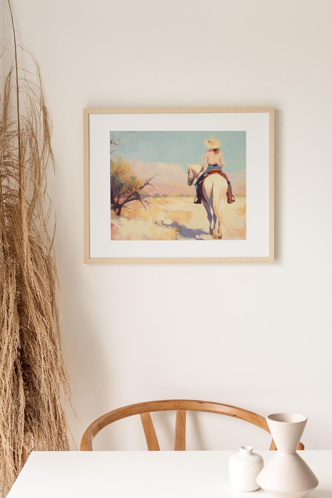 Cowgirl Riding a White Horse Into a Desert Canyon Western Art Poster - Image 3