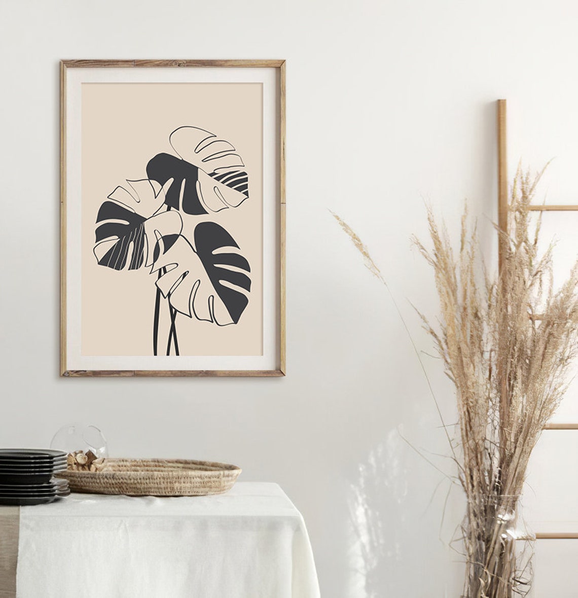 Black Monstera Line Art Leaves Beige Botanical Minimalist Print - Image 2