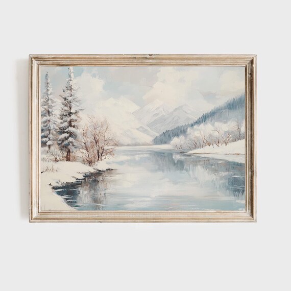Winter Mountain Print Snow Lake Landscape Nature Wall Art Mountain Lake Painting Winter Scene Art Print Rustic Home Decor Lake Art