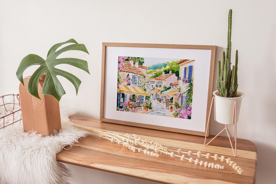 French Village Street With Cafes Flower Shops and Bougainvillea Print - Image 2