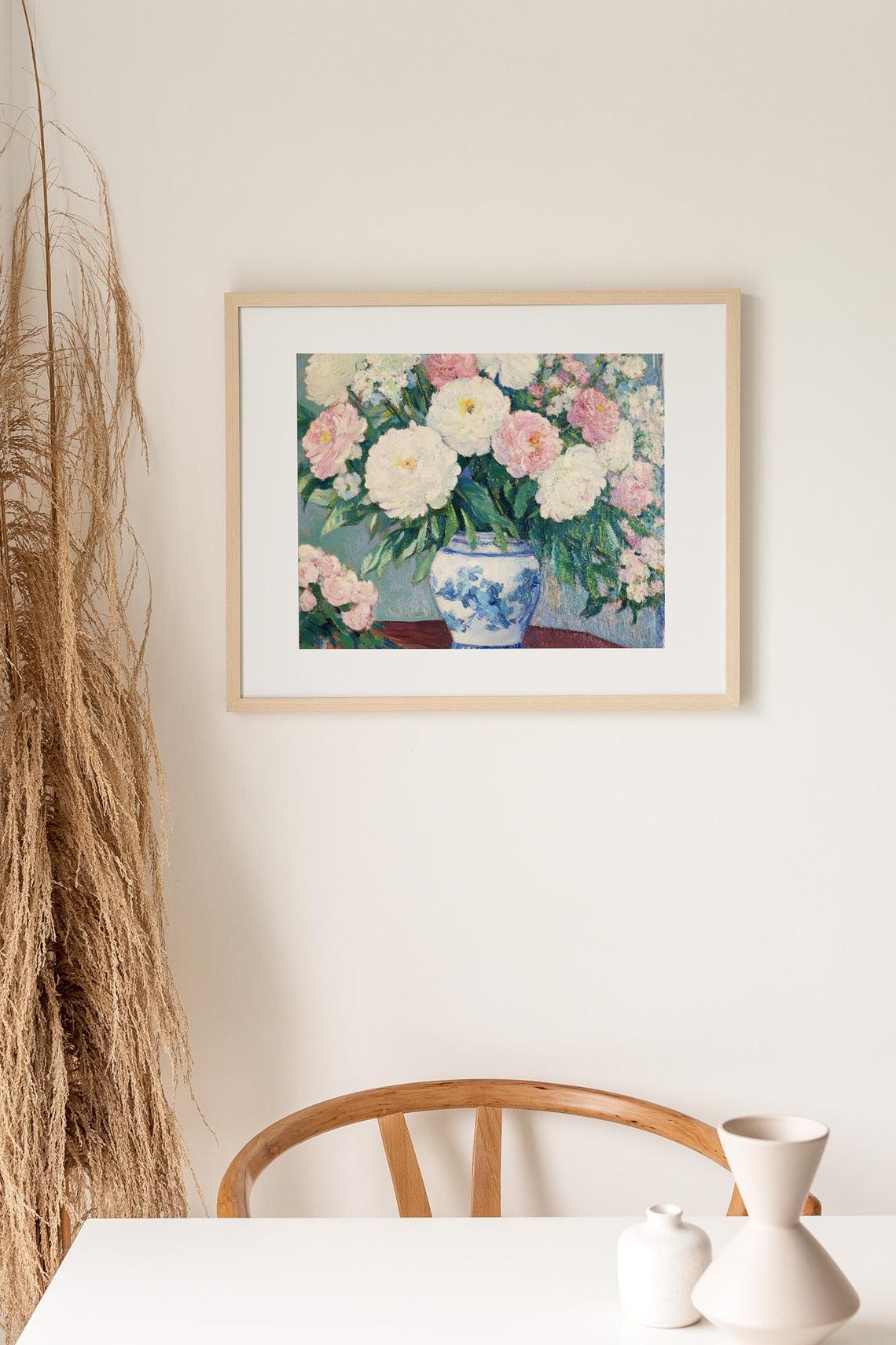 Pink and White Peonies in a Blue Porcelain Vase Impressionist Poster - Image 3