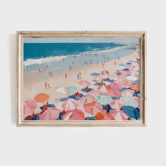 Colorful Beach Umbrellas Aerial View Ocean Summer Impressionist Poster