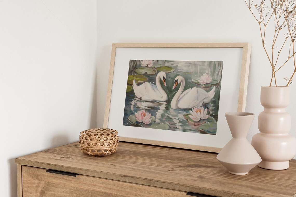 White Swans Water Lilies Pond Impressionist Painting Floral Art Poster - Image 2