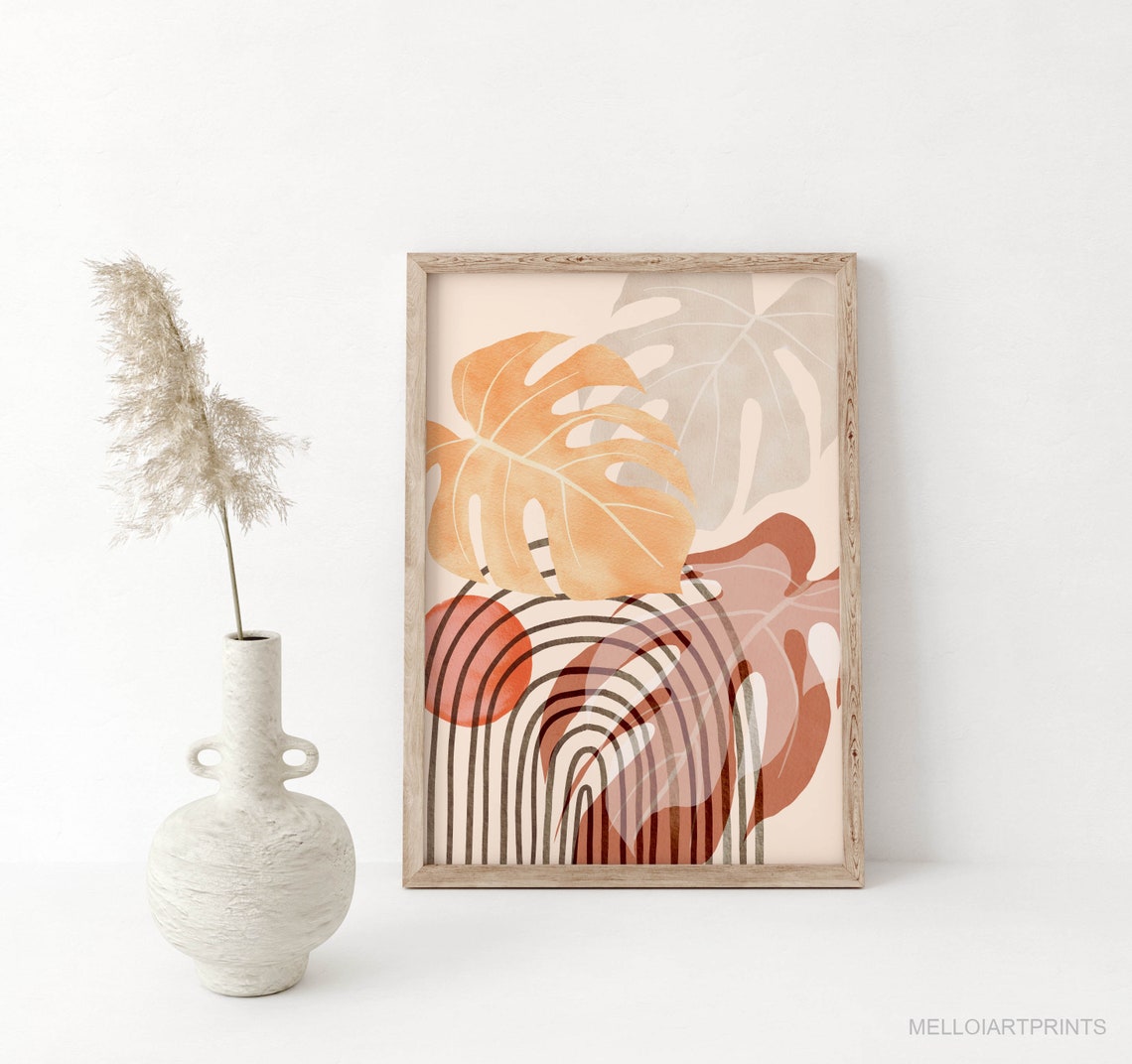 Monstera Leaves Over Striped Arches Terracotta Tropical Art Poster - Image 3