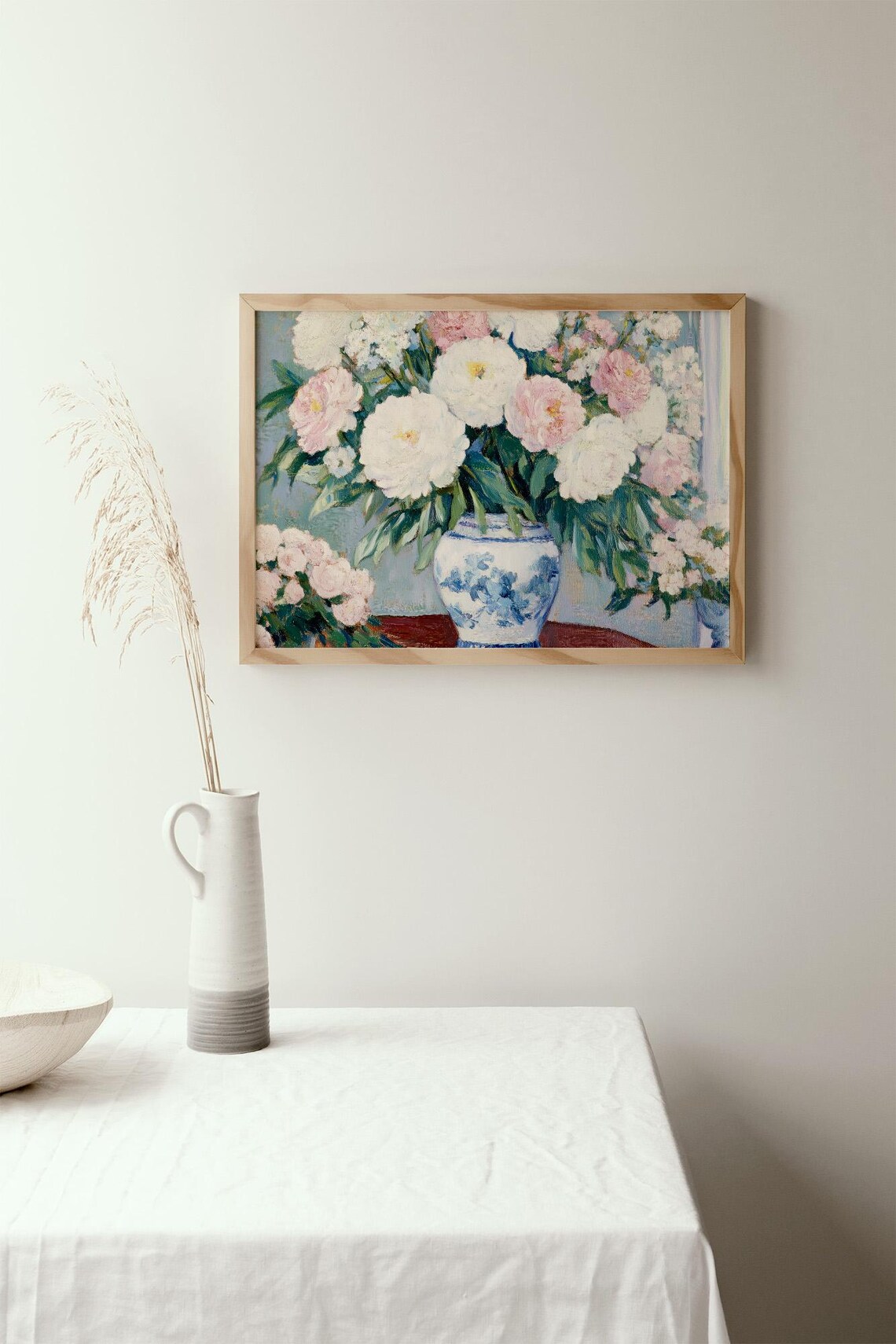 Pink and White Peonies in a Blue Porcelain Vase Impressionist Poster - Image 2