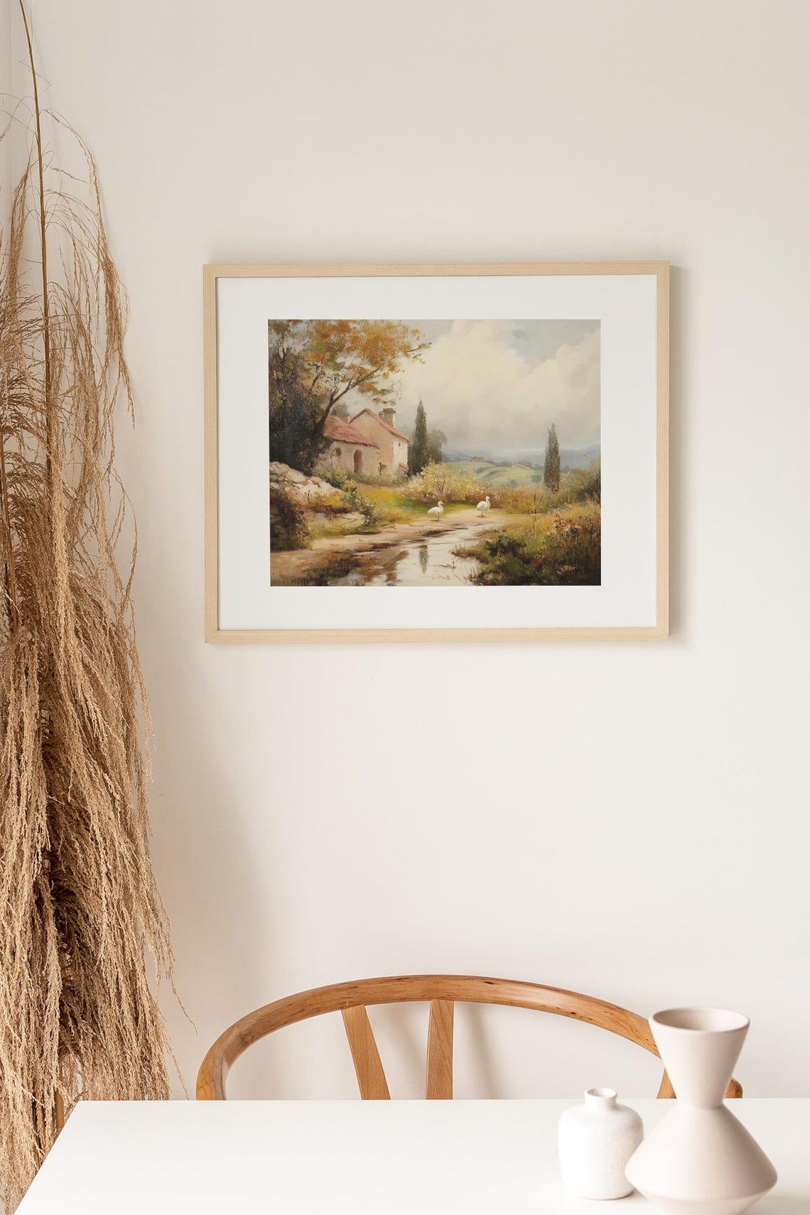 Rustic Farmhouse by a Stream With Two White Geese Pastoral Poster - Image 3