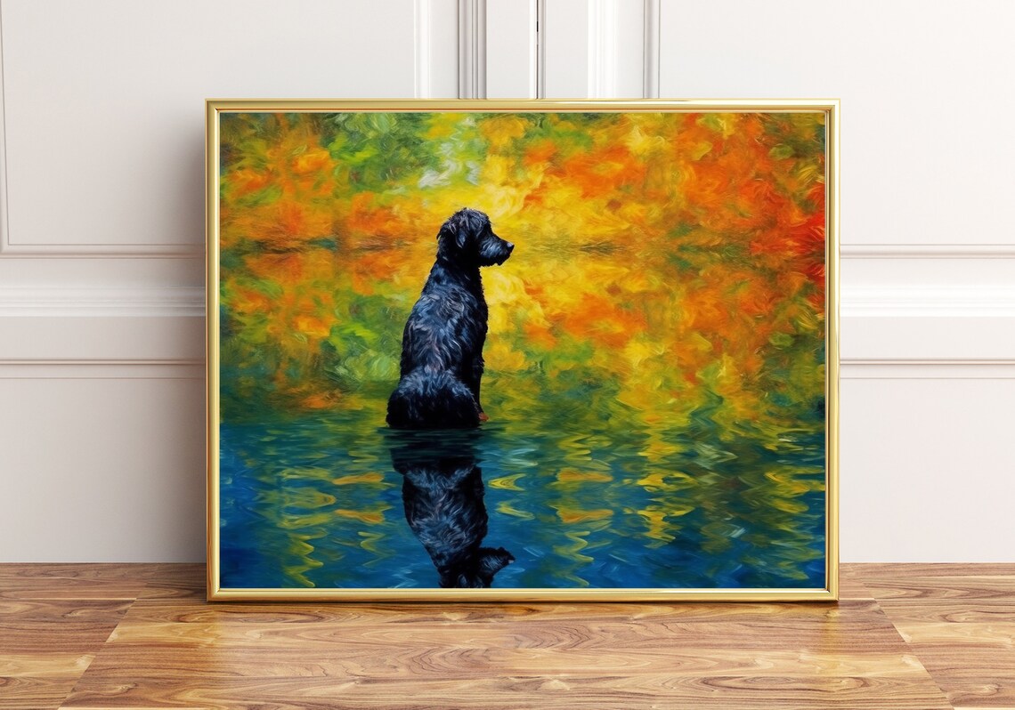 Black Dog Standing In Shimmering Autumn Water Painting Poster