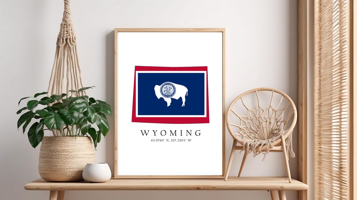 Wyoming Map Print Flag Latitude Longitude Coordinates Poster Wall Art Home Dcor