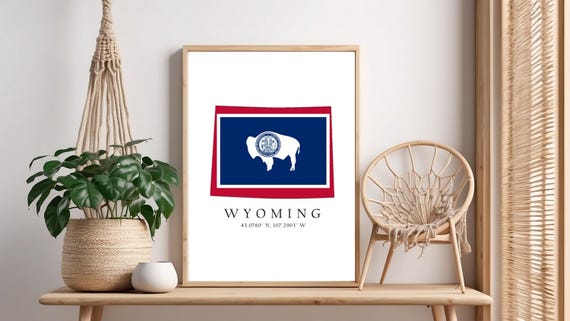 Wyoming Map Print Flag Latitude Longitude Coordinates Poster Wall Art Home Dcor