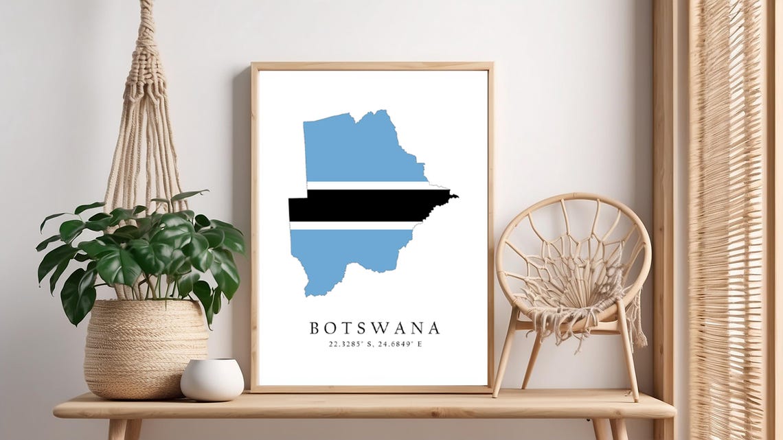 Botswana Map Print Flag Latitude Longitude Coordinates Poster Wall Art Home Dcor