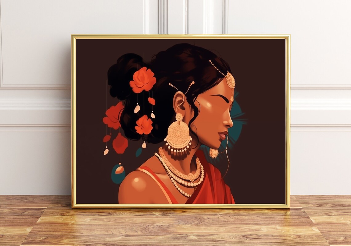 Indian Woman Floral Headdress Gold Jewelry Portrait Art Poster