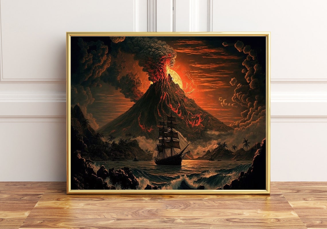Volcanic Eruption Tall Ship Dramatic Seascape Painting Poster
