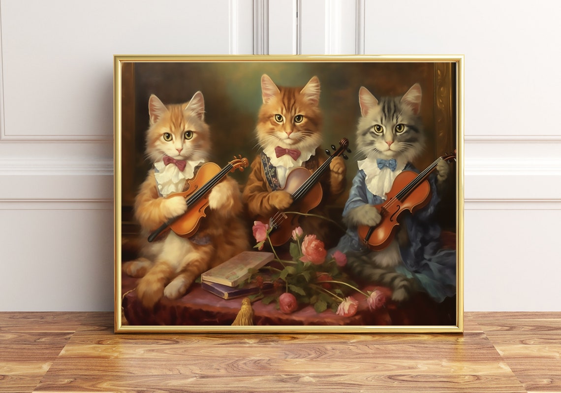 Three Cats Playing Violin In Classical Costume Oil Painting Wall Art