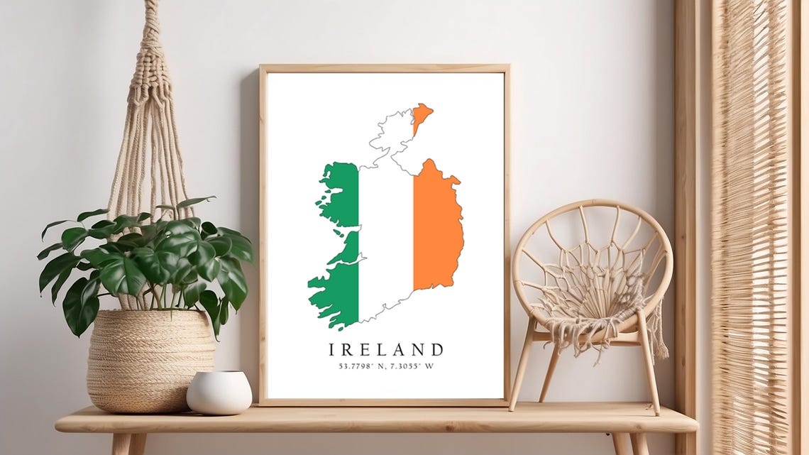 Ireland Map Print Flag Latitude Longitude Coordinates Poster Wall Art Home Dcor