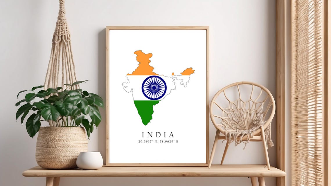 India Map Print Flag Latitude Longitude Coordinates Poster Wall Art Home Dcor