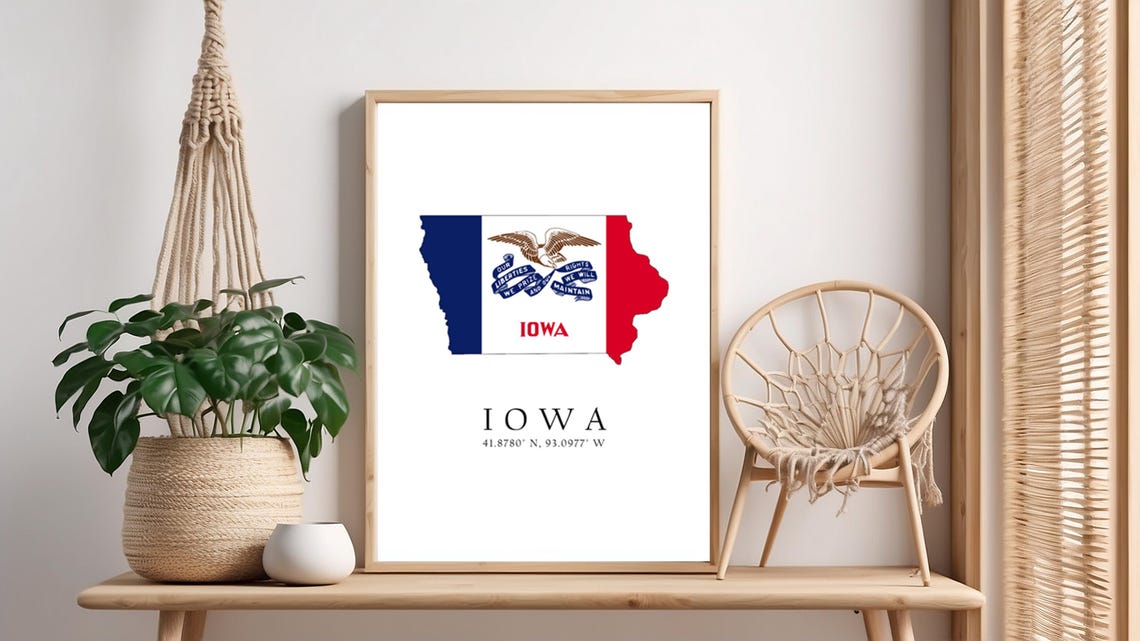 Iowa Map Print Latitude Longitude Coordinates Flag Poster Wall Art Home Dcor