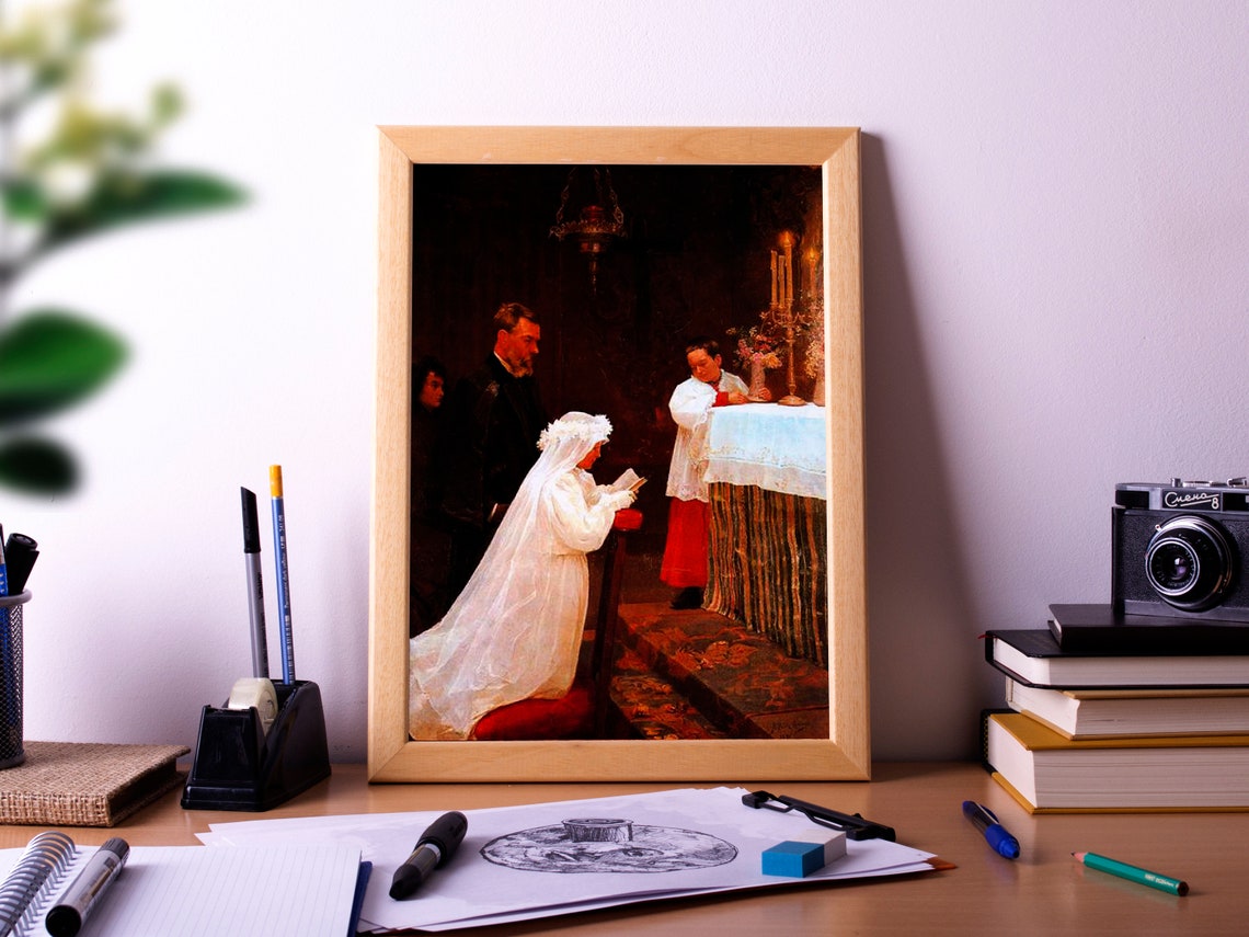 First Communion Girl At Altar Classic Religious Painting Poster