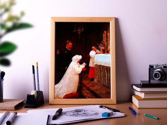 First Communion Girl At Altar Classic Religious Painting Poster