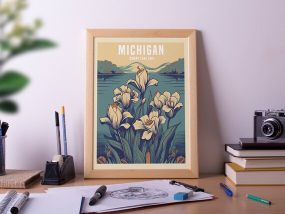 Michigan Dwarf Lake Iris Vintage Botanical Flower Art Poster