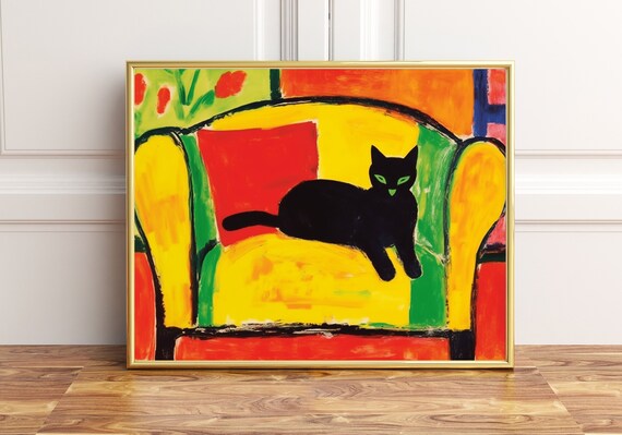 Black Cat Lounging On Colorful Couch Fauvist Style Art Print