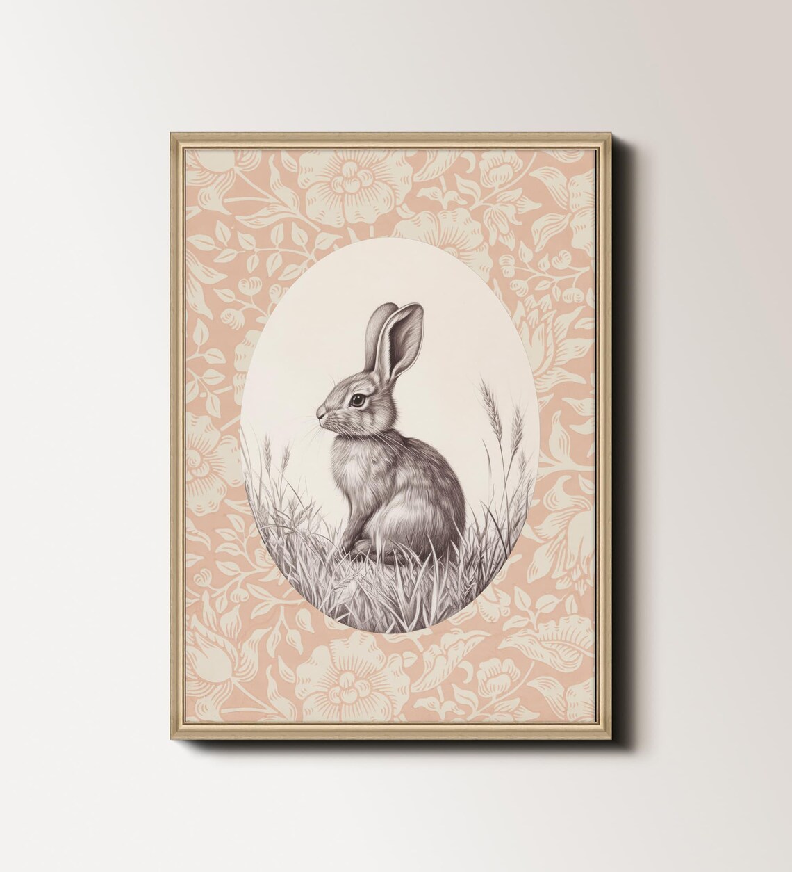 Bunny in Oval Cameo on Pink Floral Pattern Vintage Nursery Art Poster