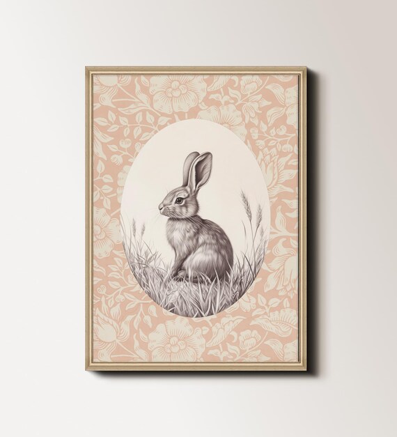 Bunny in Oval Cameo on Pink Floral Pattern Vintage Nursery Art Poster