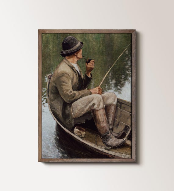 Fisherman Print Vintage Gift For Dad Rustic Fishing Painting Cabin Decor Fishermen Fly Fish Wall Art 093