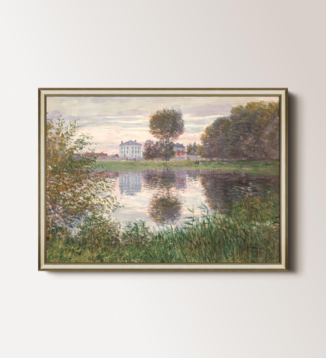 Antique Lake House Print Soft Pastel Landscape Art Vintage Garden Painting Claude Money Painting French Country Wall Decor 017