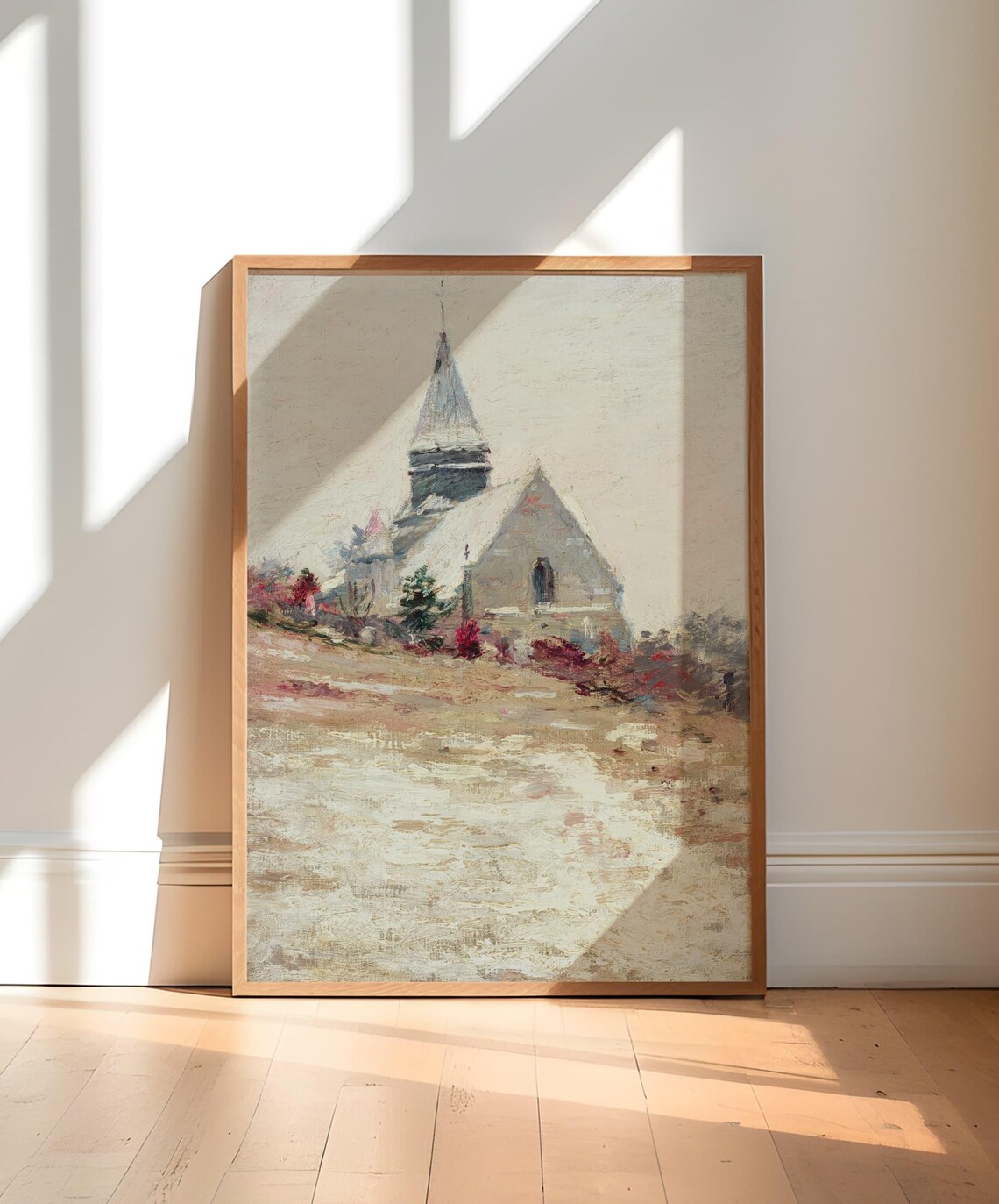 Snowy Country Church With Tall Stone Steeple Winter Landscape Poster - Image 2