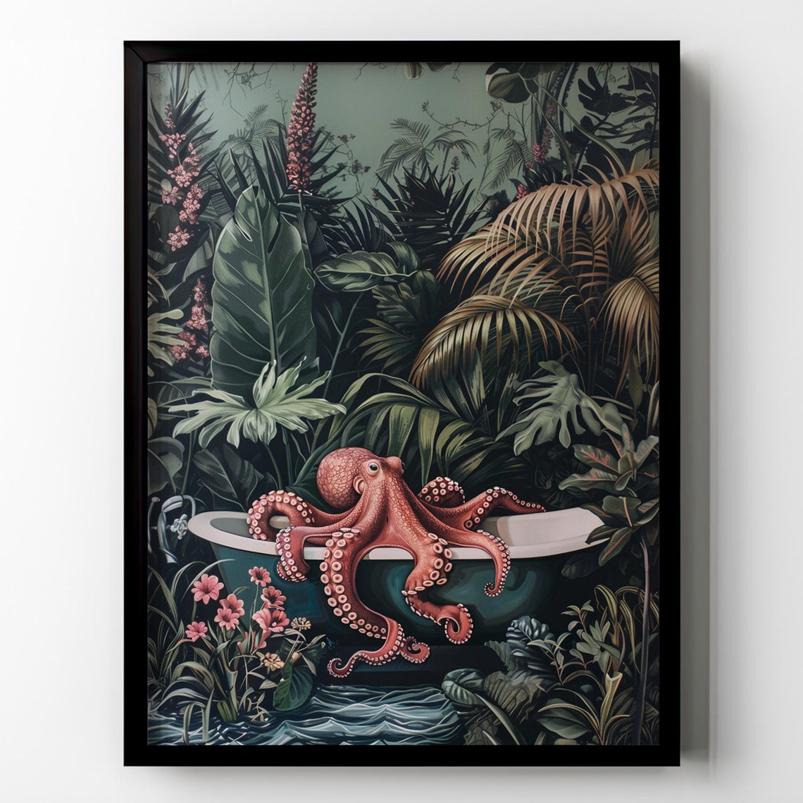Octopus Relaxing in Bathtub Tropical Jungle Leaves Whimsical Poster