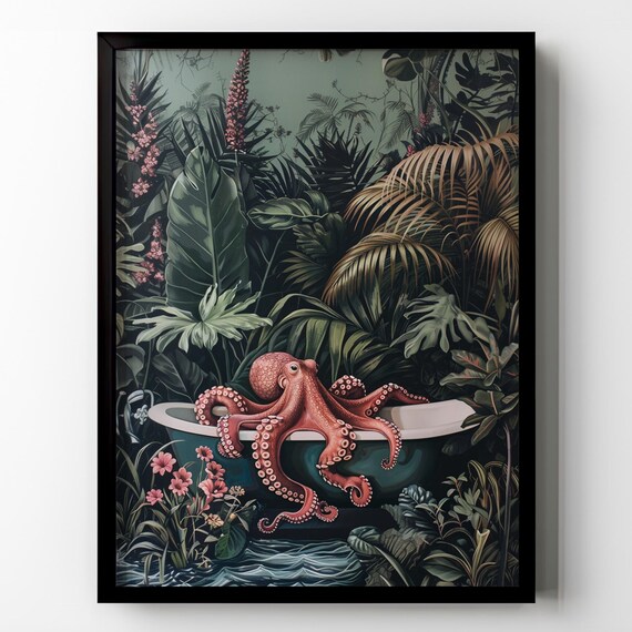 Octopus In Bathtub Print Poster Funny Squid Kraken Bathroom Wall Art Green Plants Vintage Botanical Gift Restroom Wall Decor Framed Poster