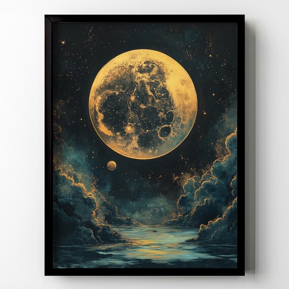 Giant Golden Full Moon Over Dark Night Sea Starry Sky Wall Art