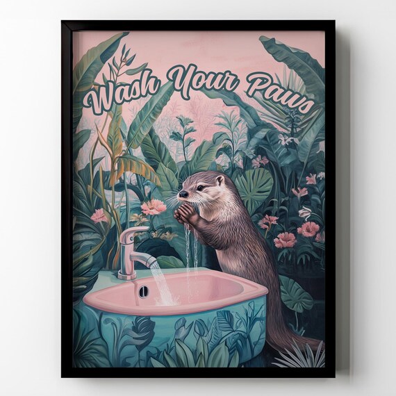 Wash Your Paws Otter Bathroom Wall Decor Funny Sea Otter Wall Art Tropical Plant Botanical Toilet Sign Poster