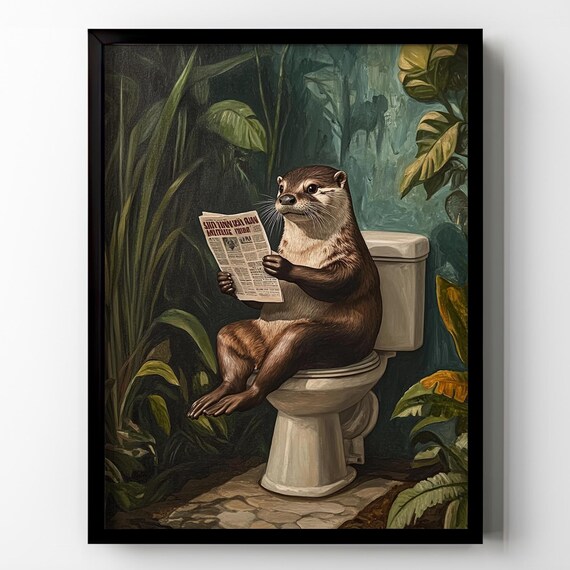 Otter Toilet Print Poster Funny Animal Bathroom Wall Art Green Tropical Plants Vintage Botanical Gift Idea Restroom Wall Decor Framed Poster