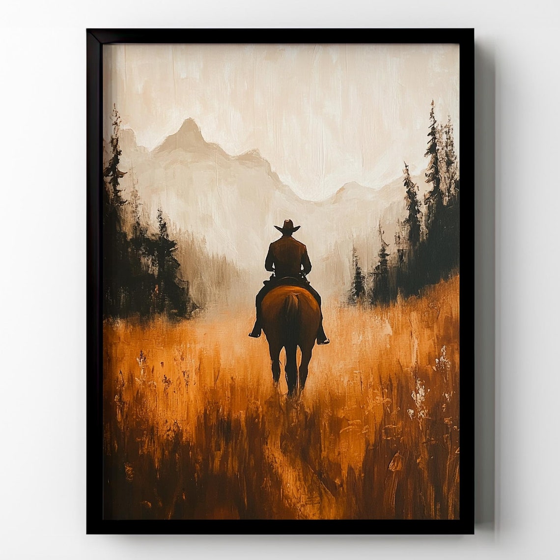 Cowboy Riding Toward Mountains in Golden Wheat Field Wall Art