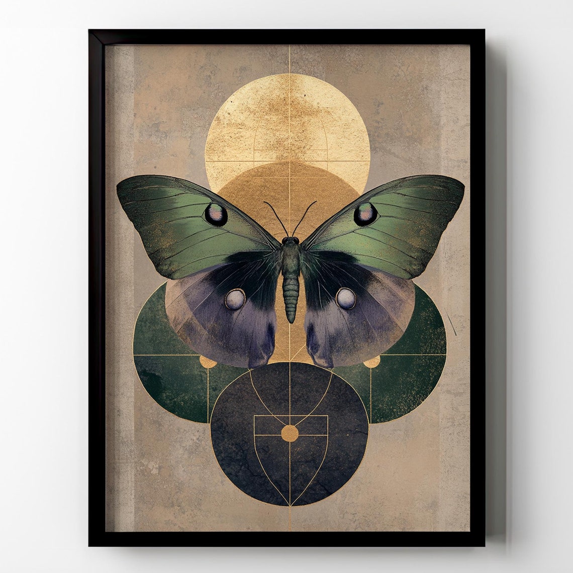 Green Moth with Golden Moon Circles Dark Academia Botanical Poster
