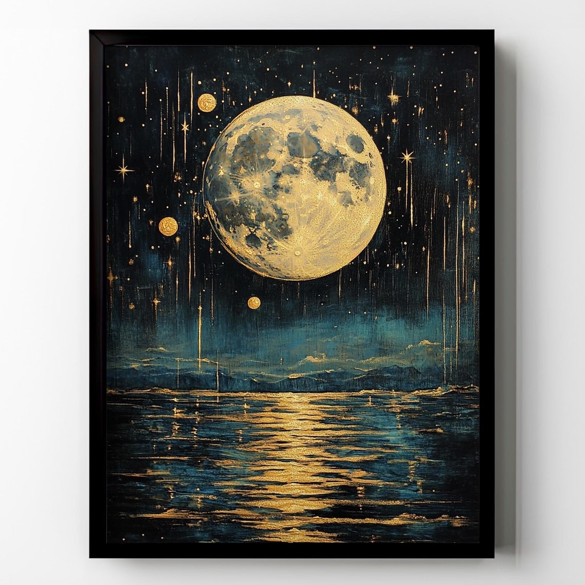 Golden Full Moon Reflection on Ocean Falling Stars Night Poster