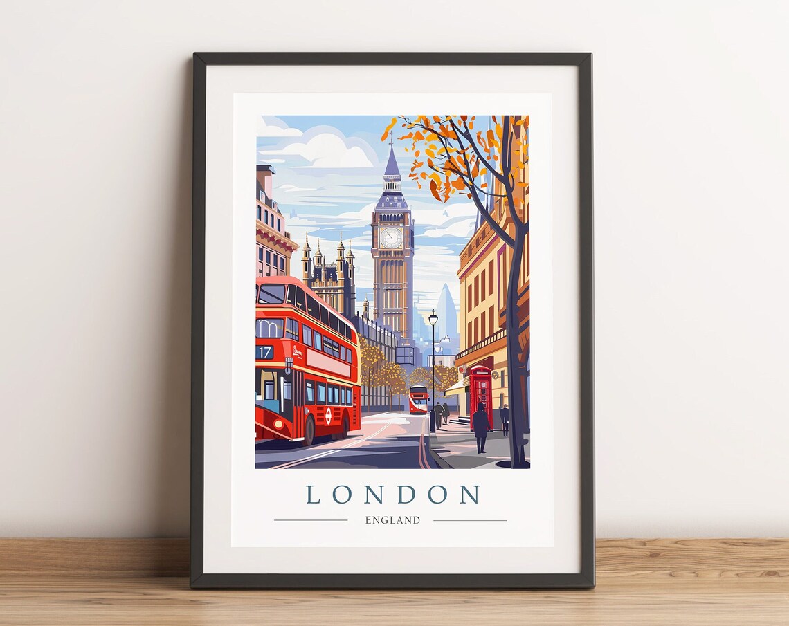 London Travel Poster, Big Ben and Red Bus Art Print