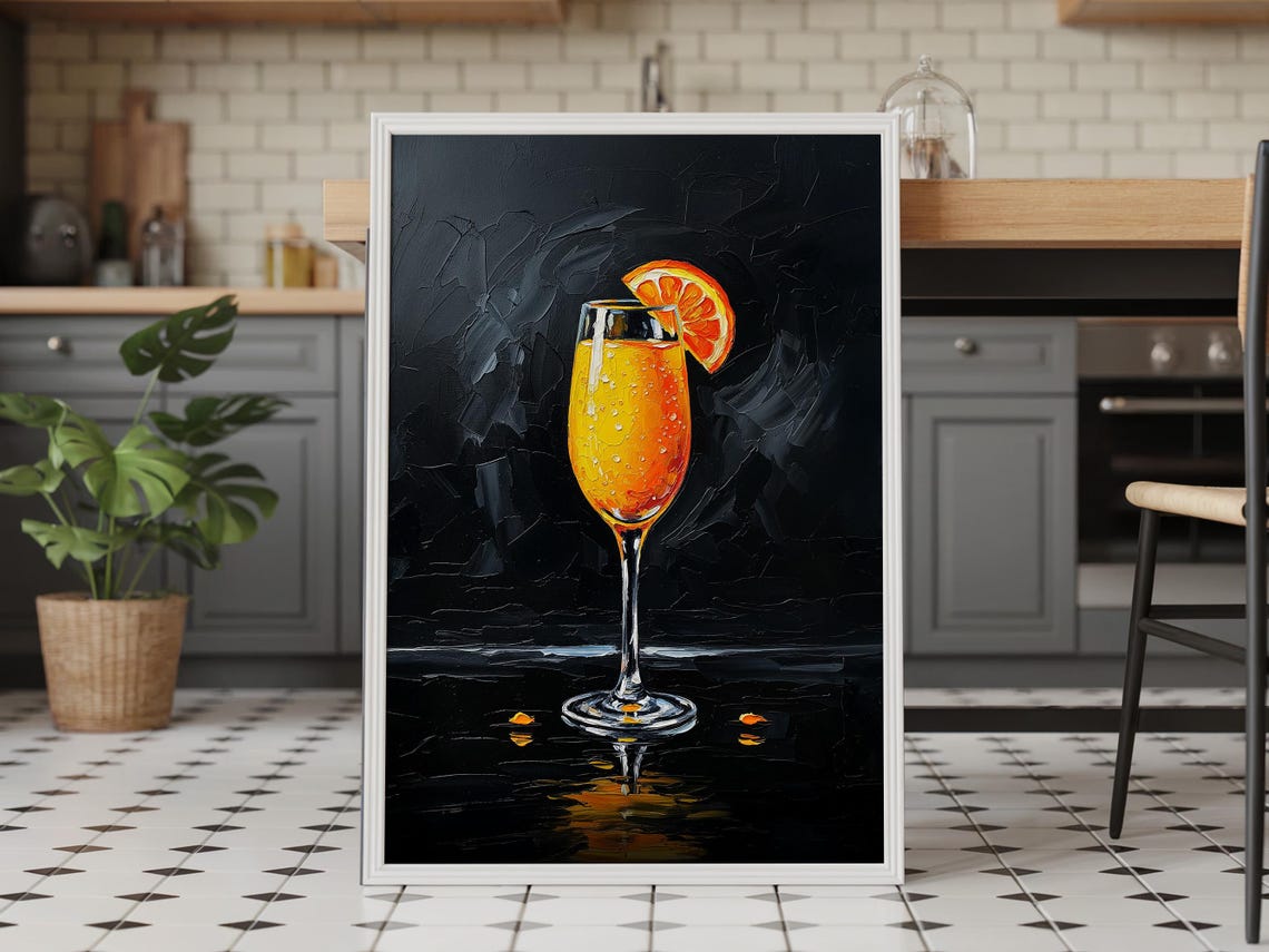 Mimosa Champagne Cocktail Orange Slice Moody Impasto Painting Poster