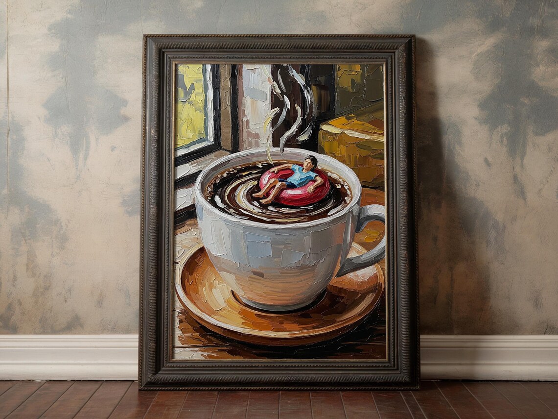 Funny Giant Coffee Cup Tiny Swimmer Impasto Oil Painting Poster