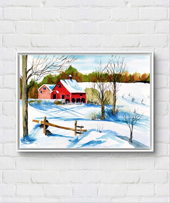 Classic Red Barn Snowy Winter Landscape Watercolor Farmhouse Print