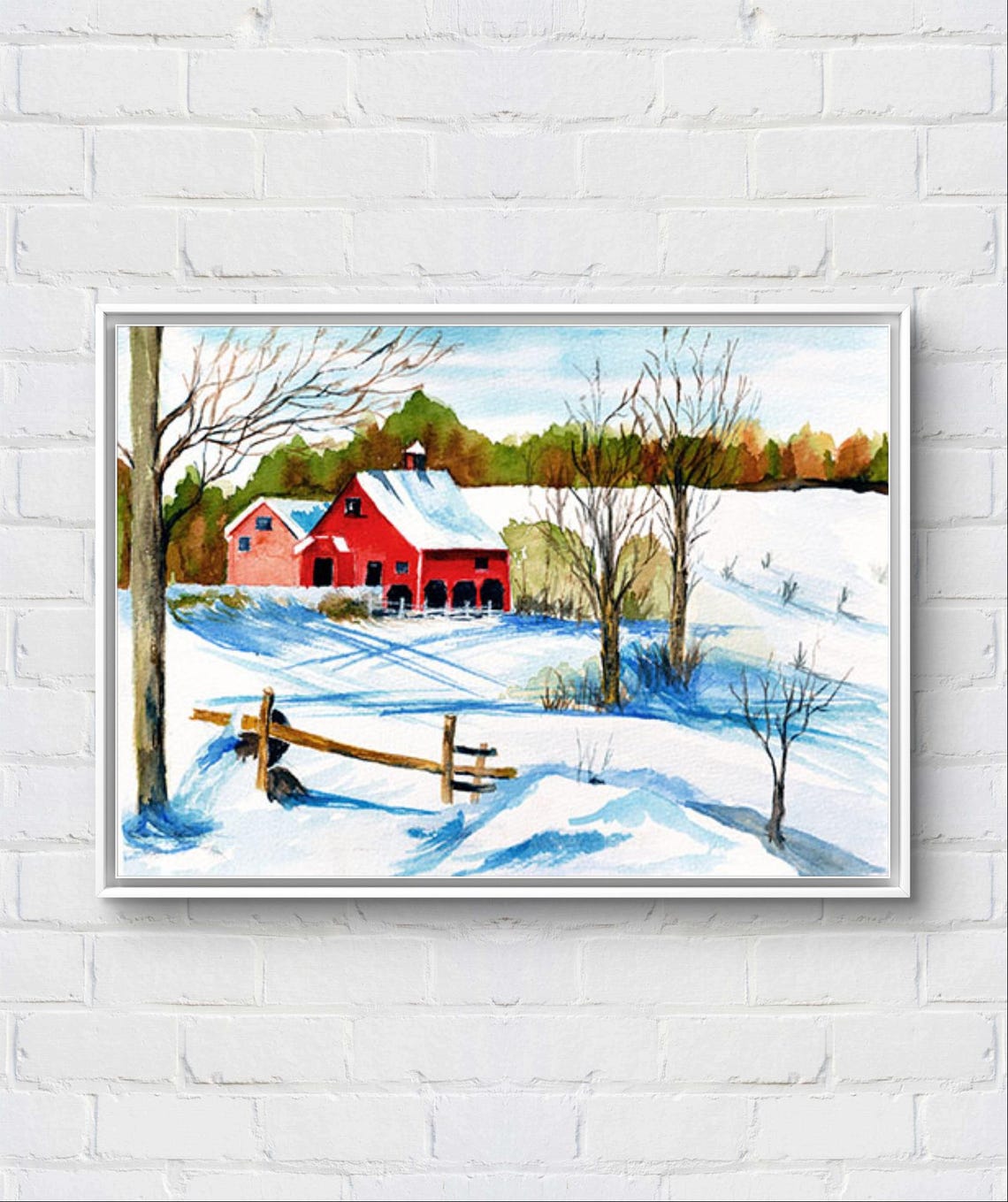 Classic Red Barn Snowy Winter Landscape Watercolor Farmhouse Print